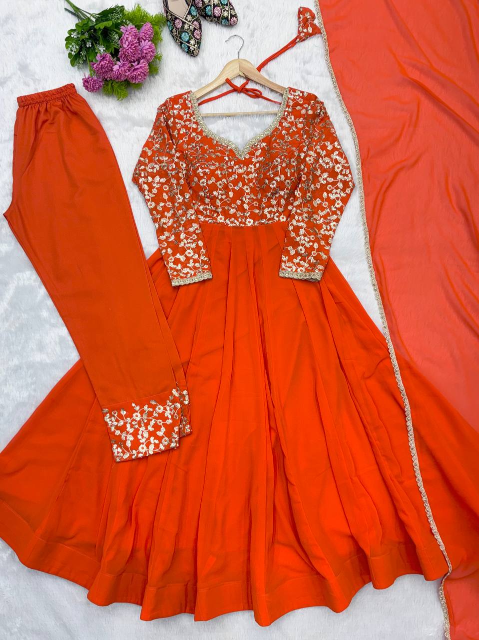 Orange Georgette Sequence Embroidered Gown with Pant and Dupatta