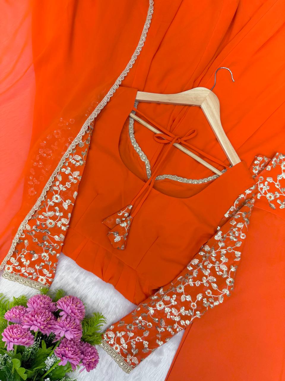 Orange Georgette Sequence Embroidered Gown with Pant and Dupatta