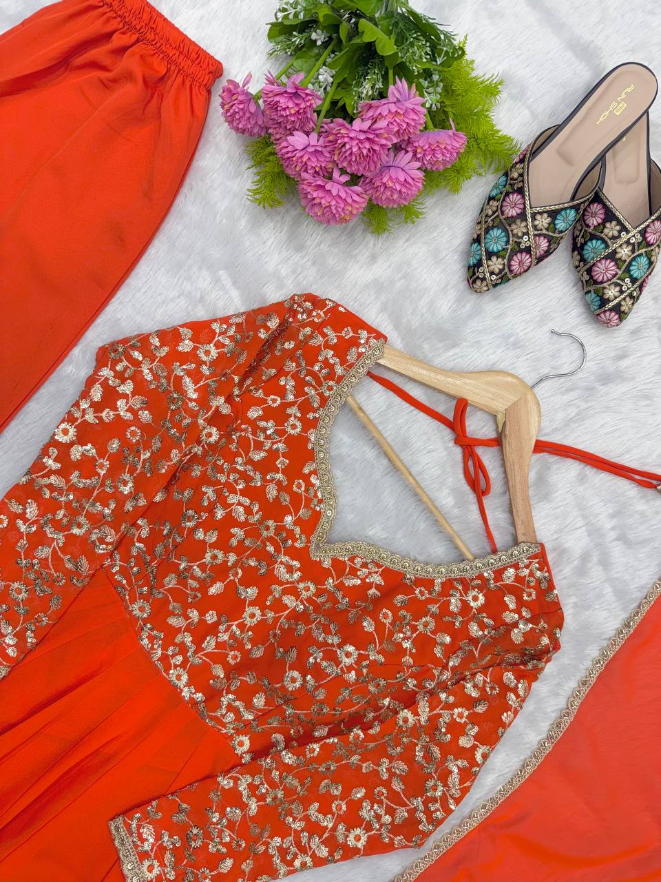 Orange Georgette Sequence Embroidered Gown with Pant and Dupatta