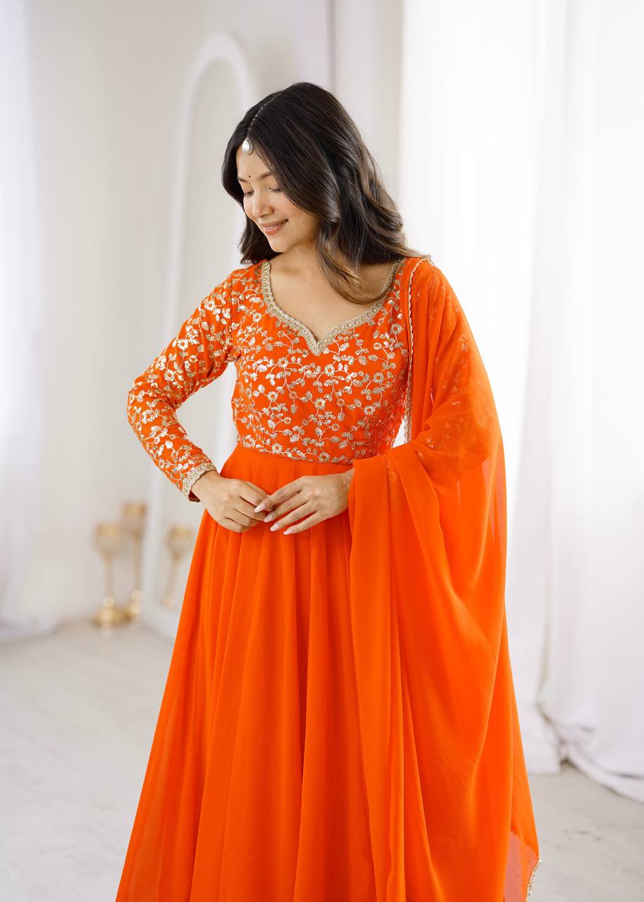Orange Georgette Sequence Embroidered Gown with Pant and Dupatta