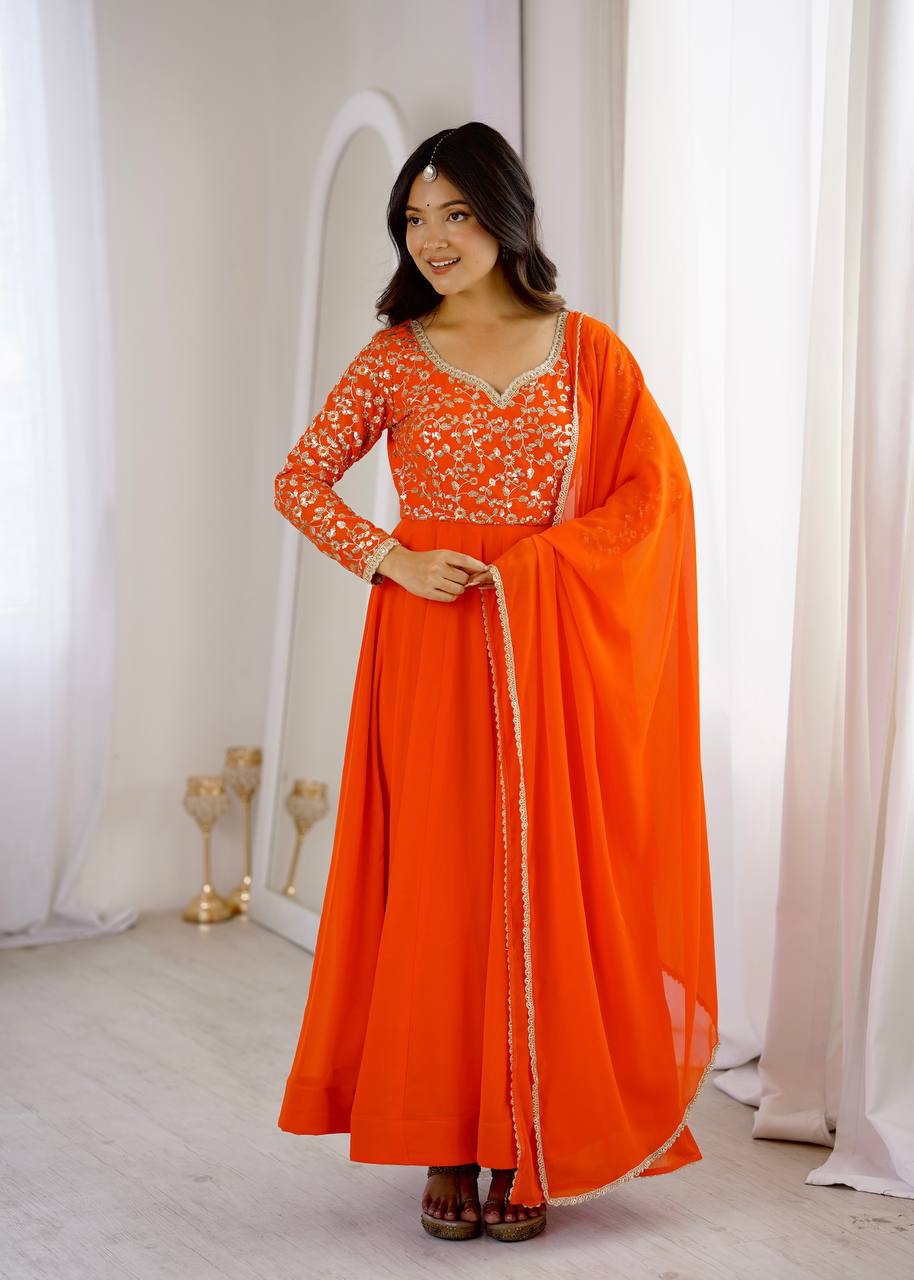 Orange Georgette Sequence Embroidered Gown with Pant and Dupatta