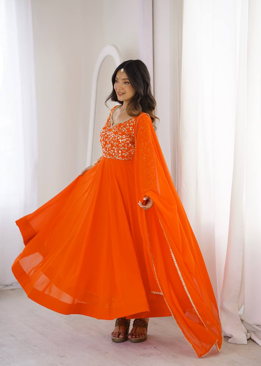Orange Georgette Sequence Embroidered Gown with Pant and Dupatta