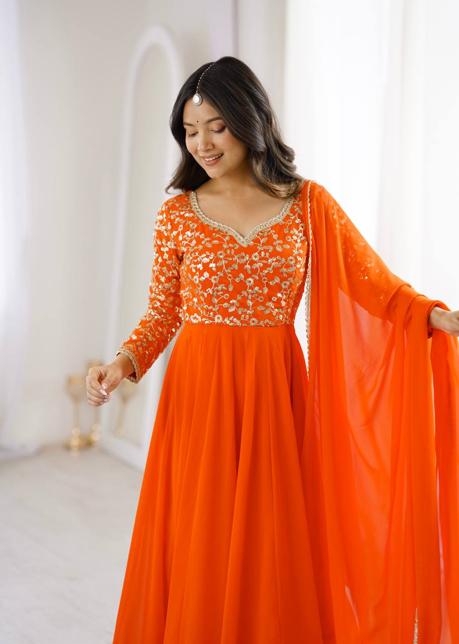 Orange Georgette Sequence Embroidered Gown with Pant and Dupatta