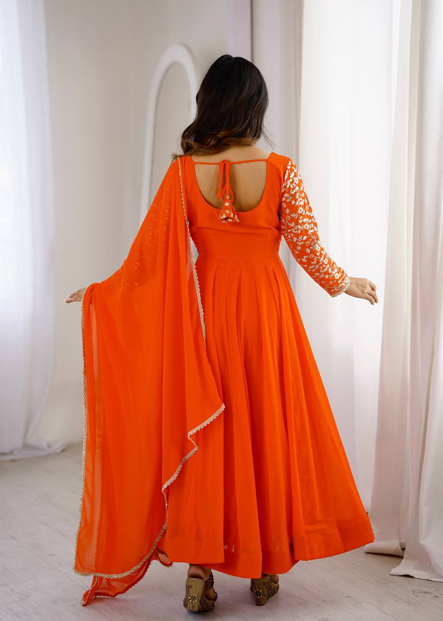 Orange Georgette Sequence Embroidered Gown with Pant and Dupatta