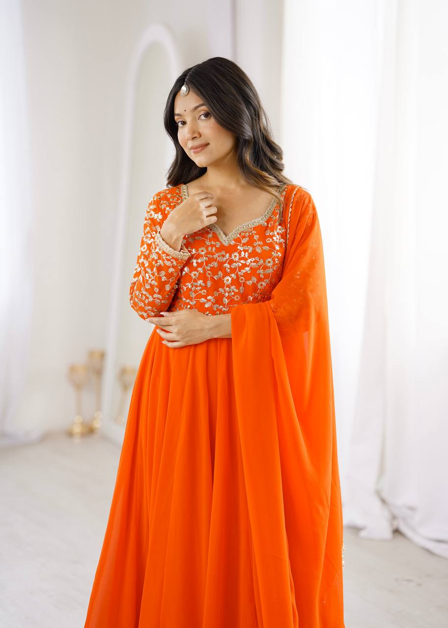 Orange Georgette Sequence Embroidered Gown with Pant and Dupatta