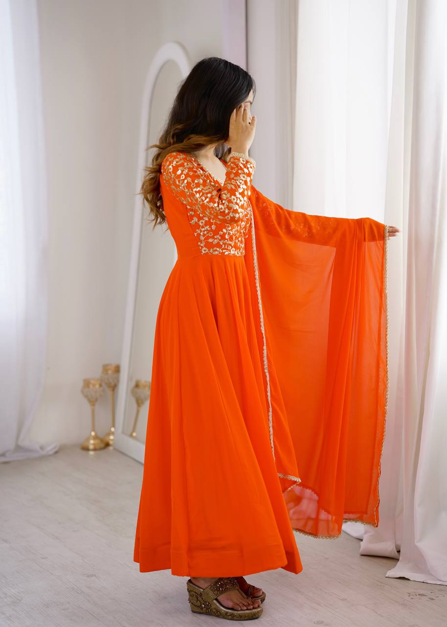 Orange Georgette Sequence Embroidered Gown with Pant and Dupatta