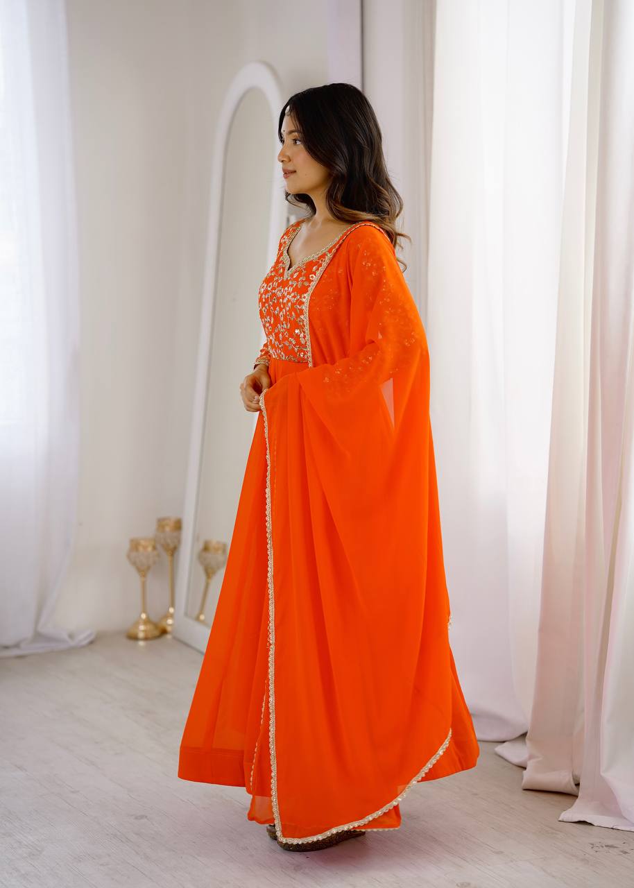 Orange Georgette Sequence Embroidered Gown with Pant and Dupatta