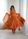 Orange Mal Chanderi Ruffle Gown with Mirror Work