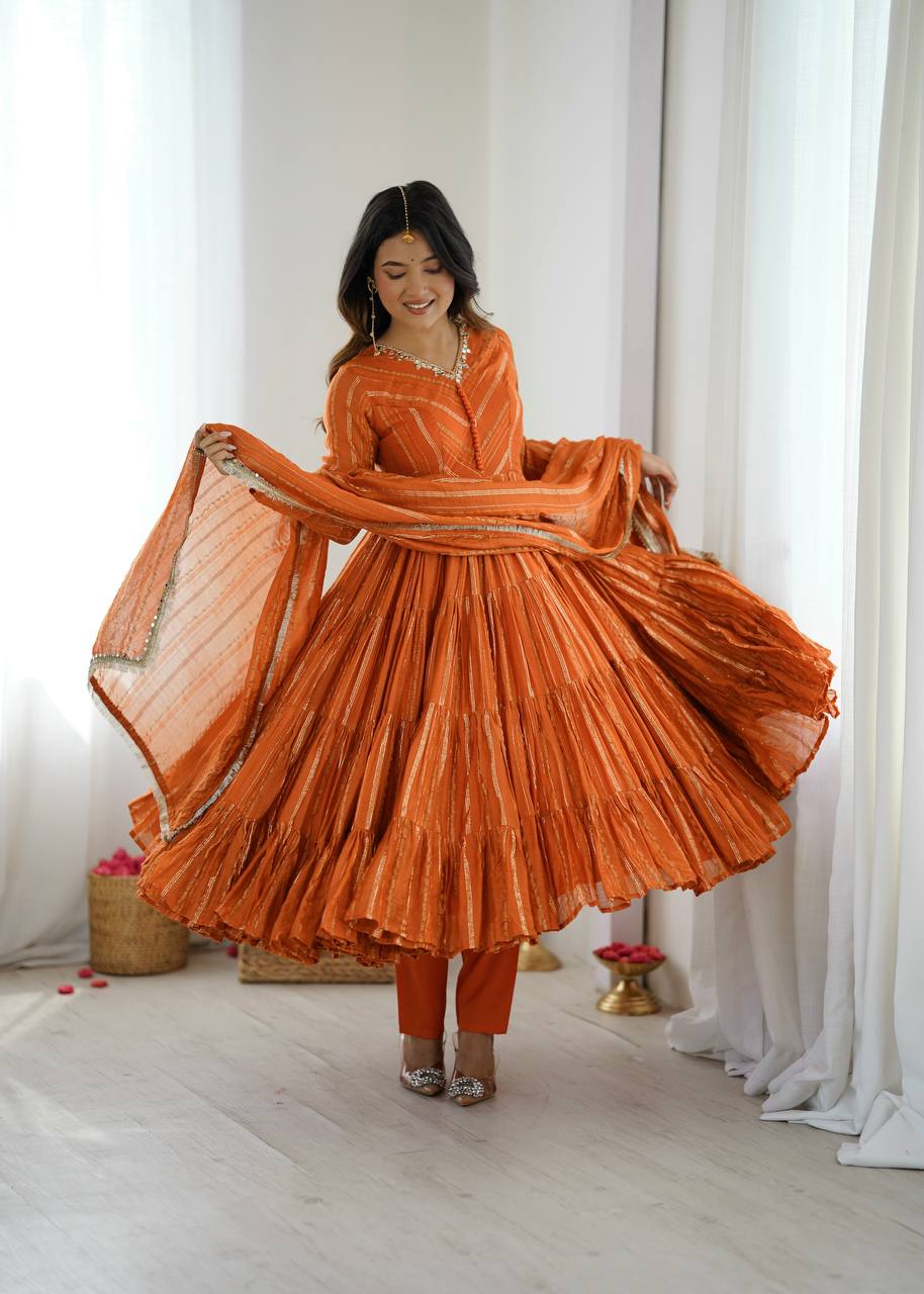 Orange Mal Chanderi Ruffle Gown with Mirror Work