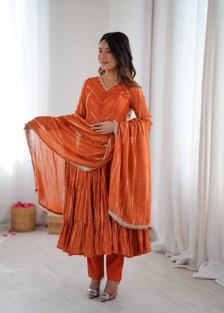 Orange Mal Chanderi Ruffle Gown with Mirror Work