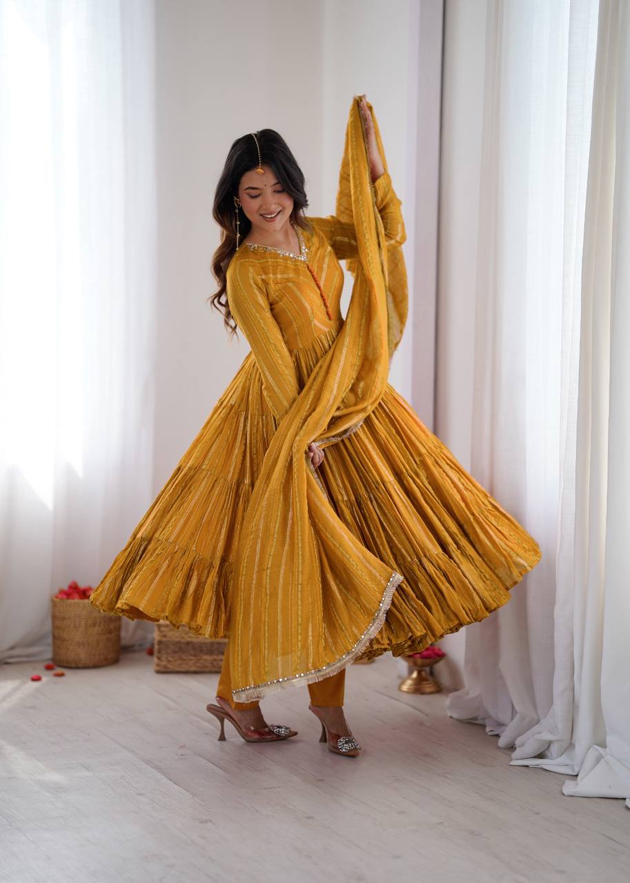 Orange Mal Chanderi Ruffle Gown with Mirror Work