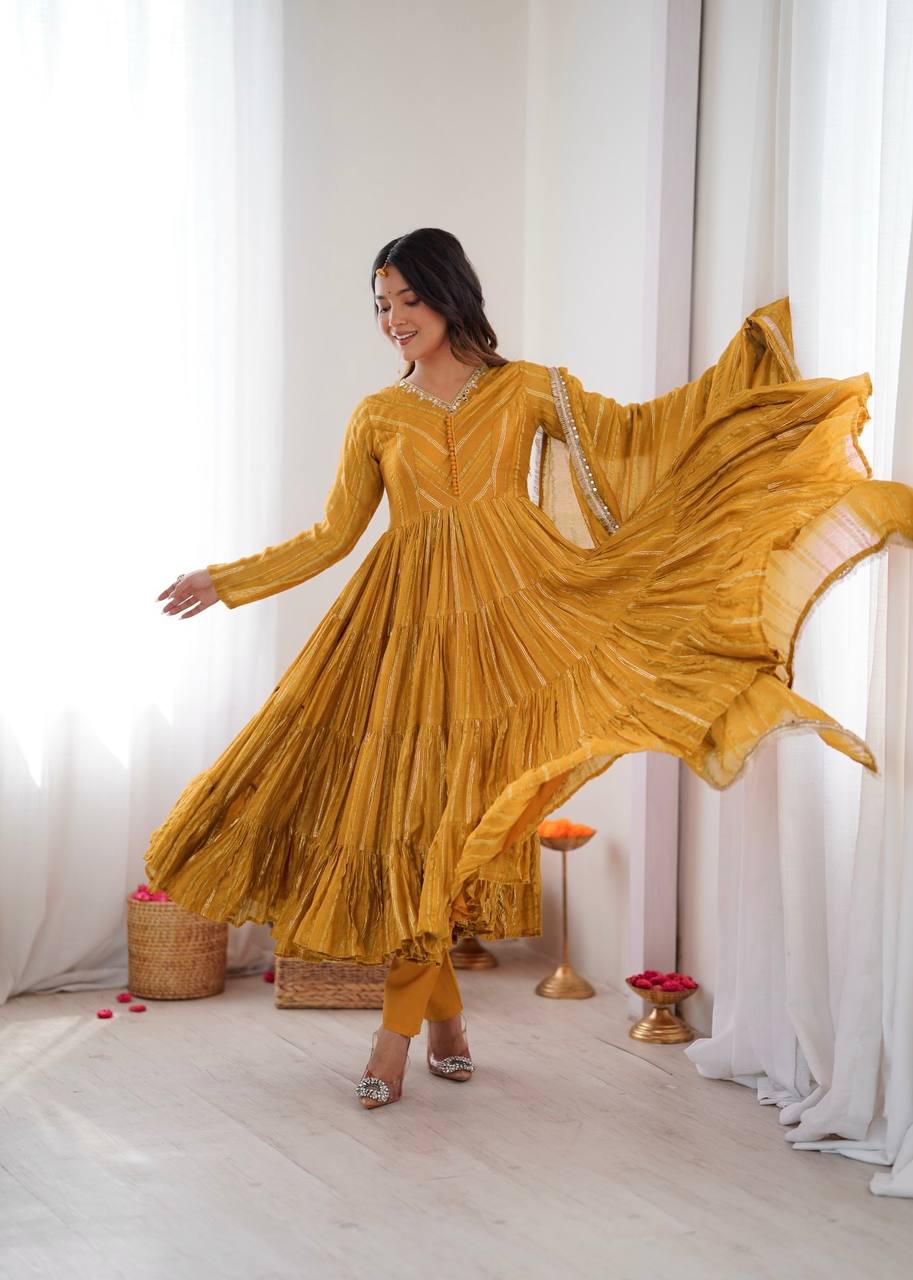 Orange Mal Chanderi Ruffle Gown with Mirror Work