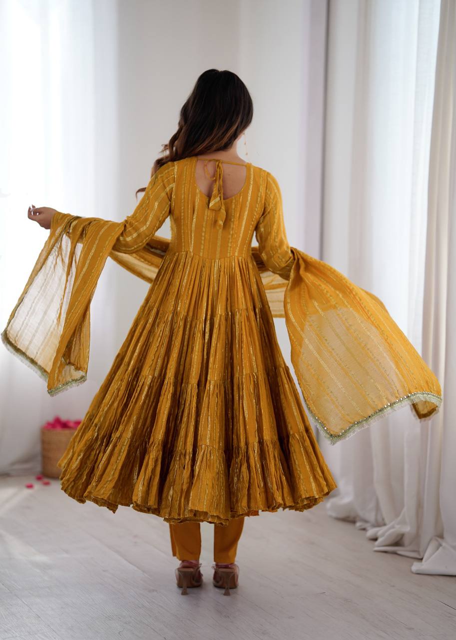 Orange Mal Chanderi Ruffle Gown with Mirror Work