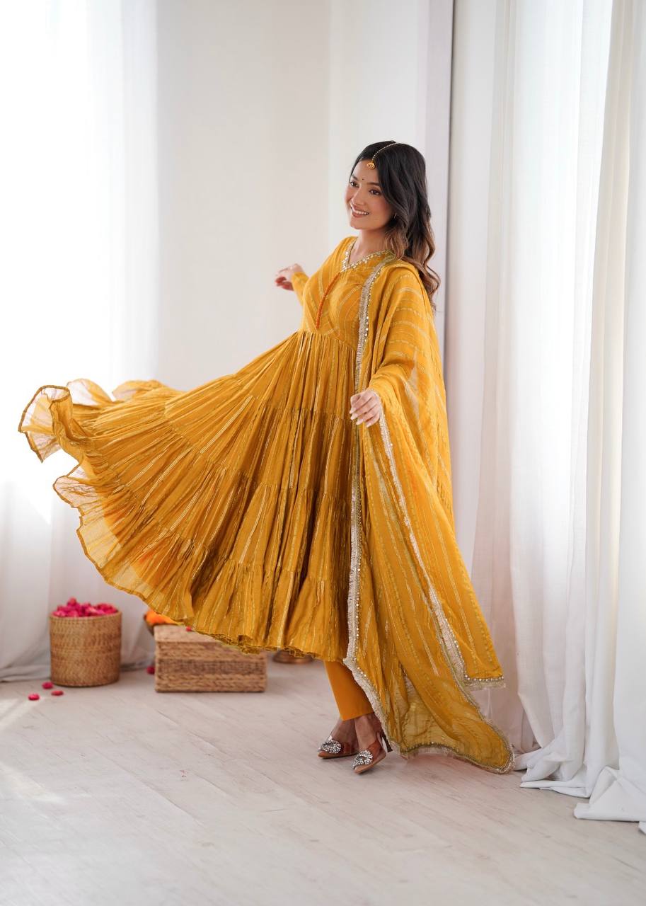 Orange Mal Chanderi Ruffle Gown with Mirror Work