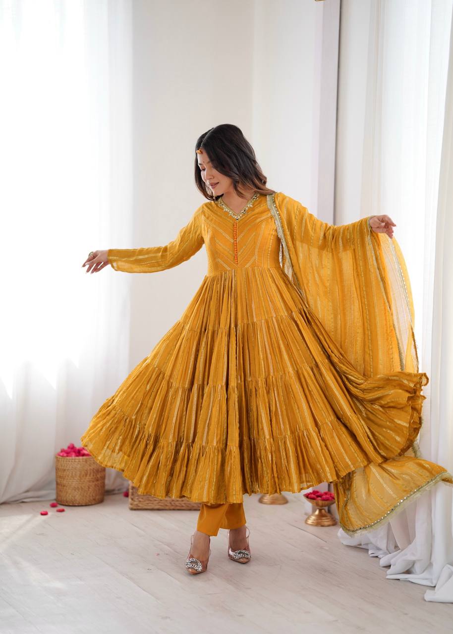 Orange Mal Chanderi Ruffle Gown with Mirror Work