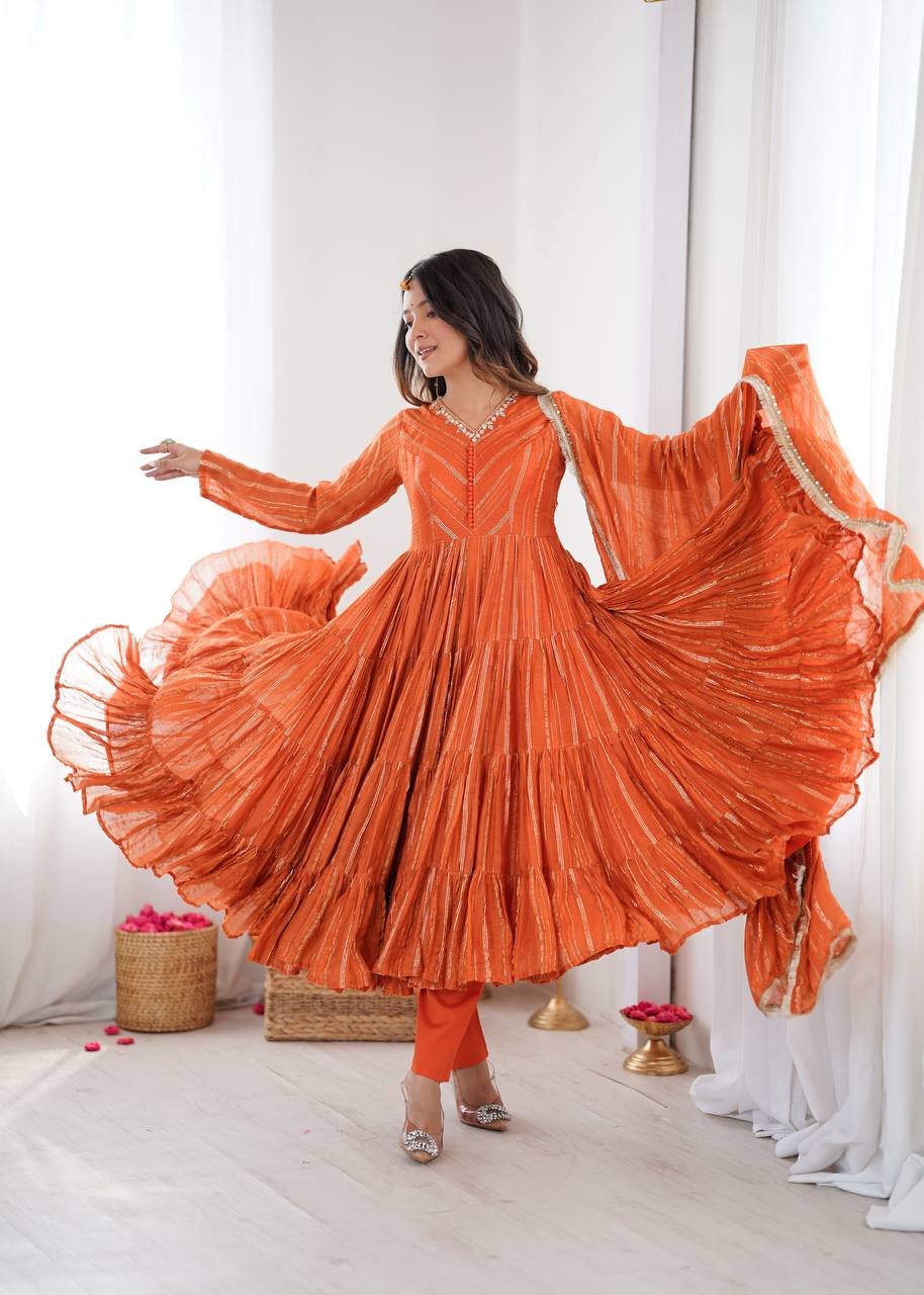 Orange Mal Chanderi Ruffle Gown with Mirror Work
