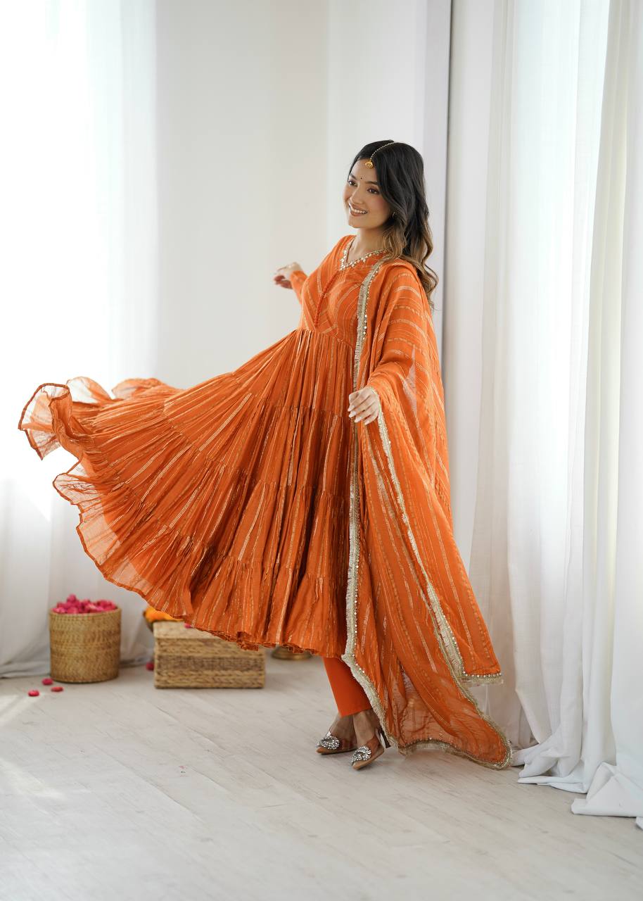 Orange Mal Chanderi Ruffle Gown with Mirror Work