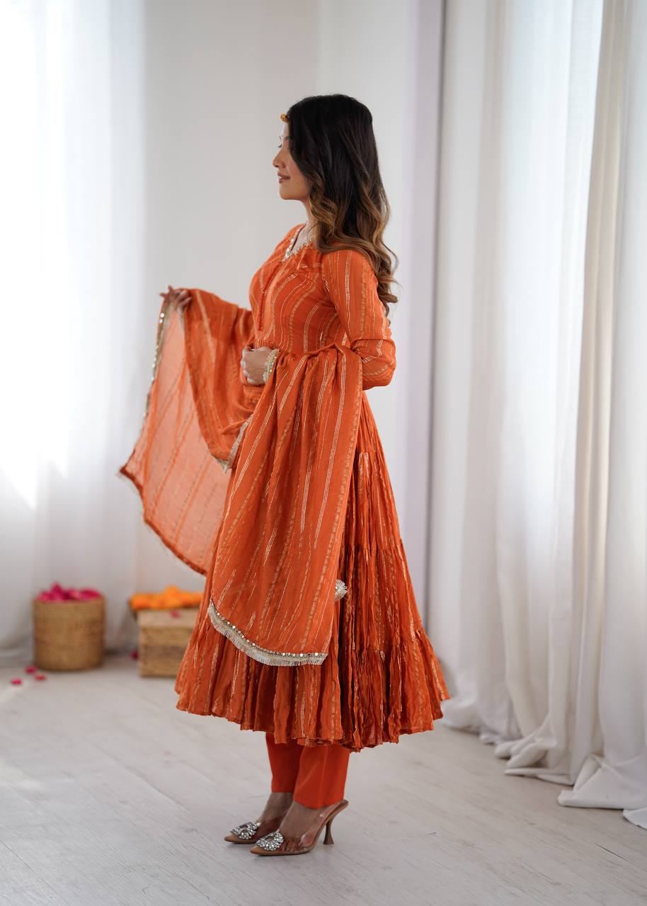 Orange Mal Chanderi Ruffle Gown with Mirror Work
