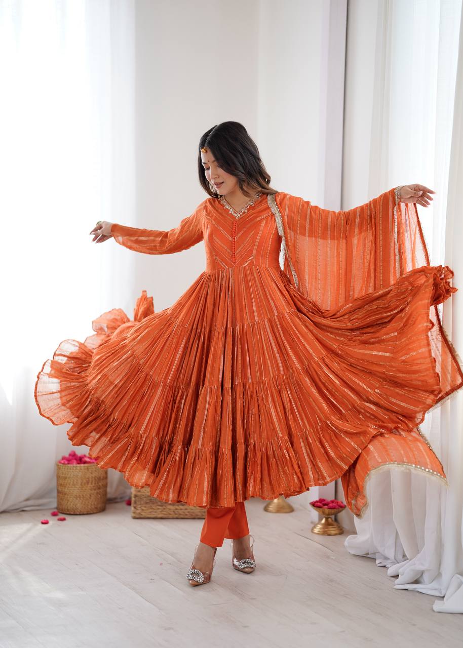 Orange Mal Chanderi Ruffle Gown with Mirror Work