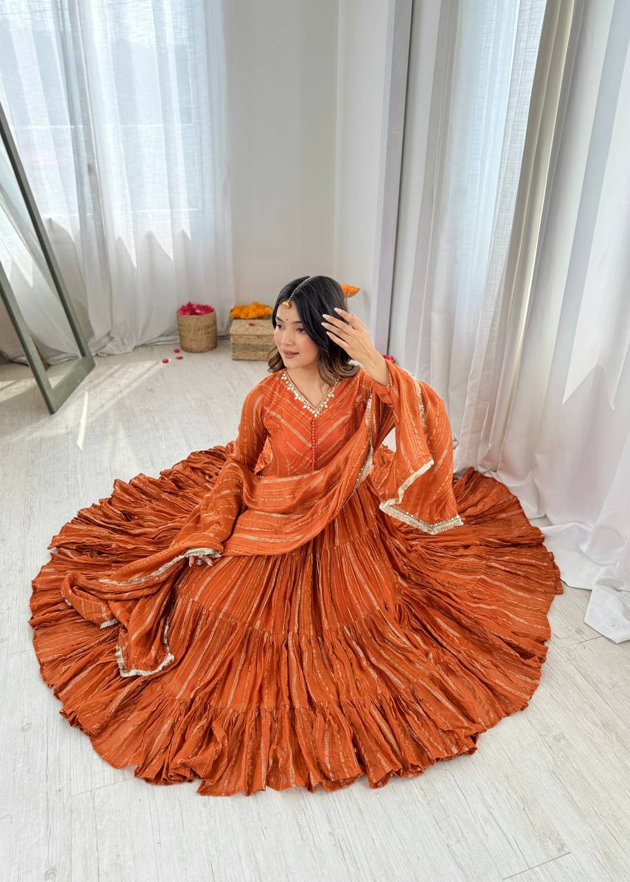 Orange Mal Chanderi Ruffle Gown with Mirror Work
