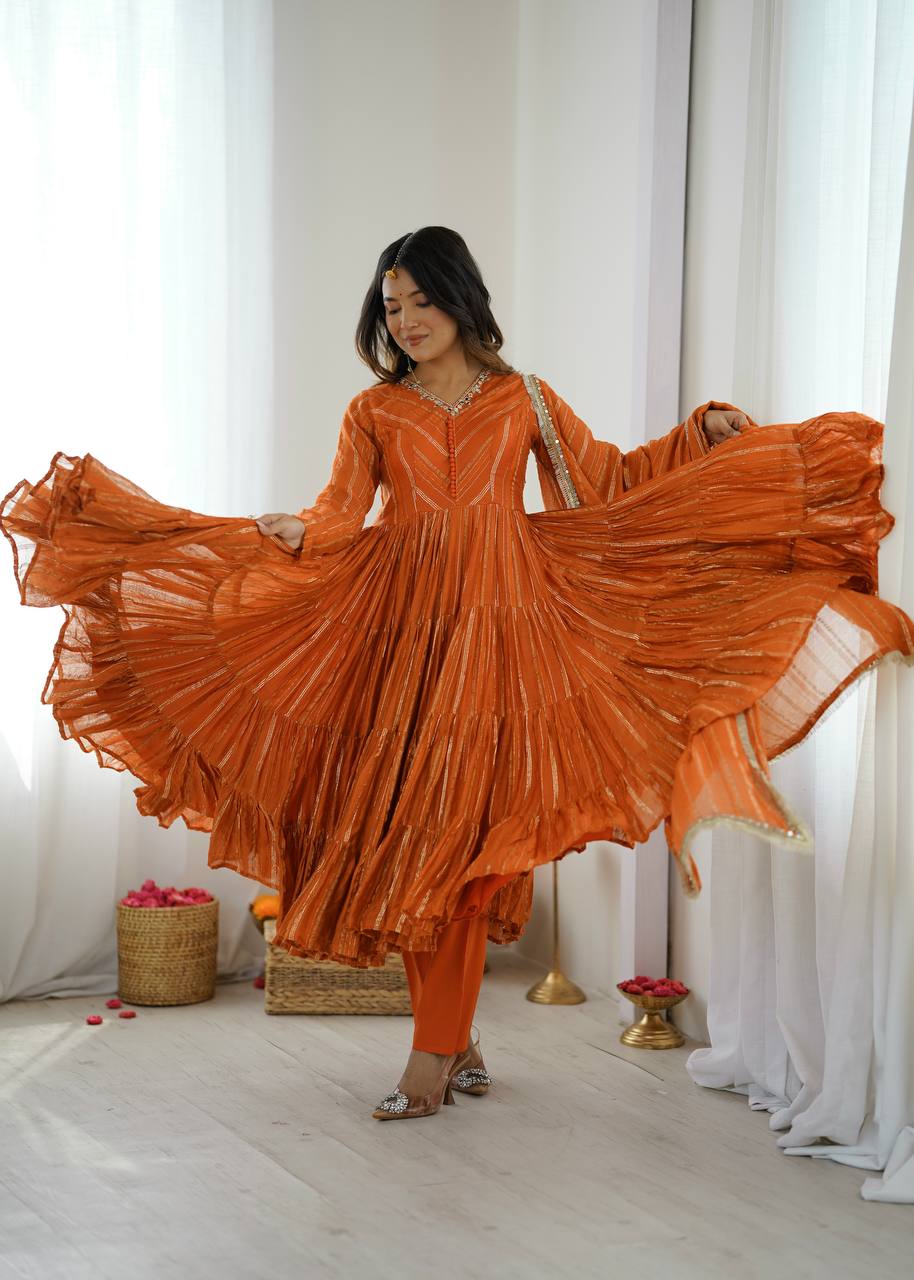 Orange Mal Chanderi Ruffle Gown with Mirror Work