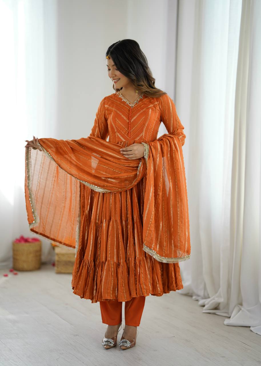 Orange Mal Chanderi Ruffle Gown with Mirror Work