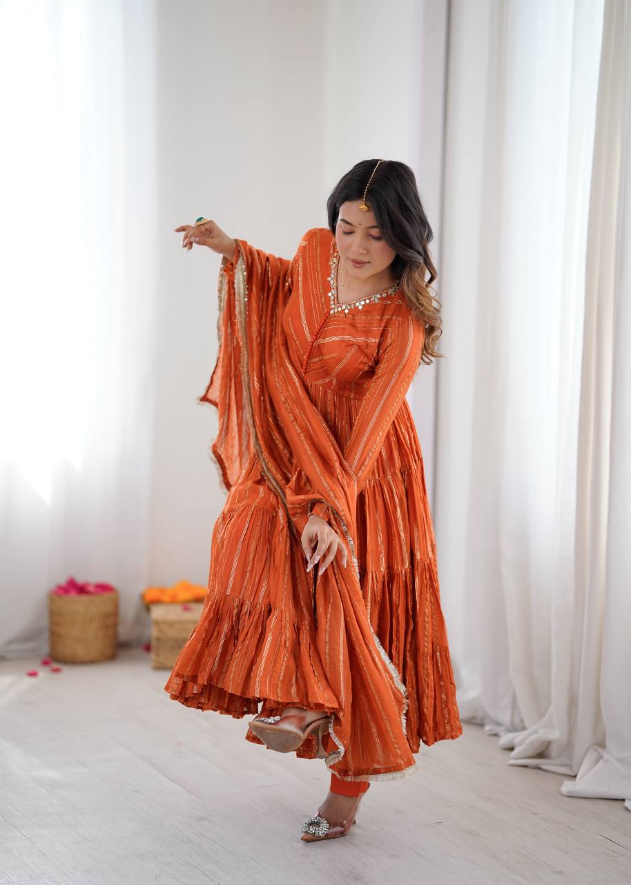 Orange Mal Chanderi Ruffle Gown with Mirror Work