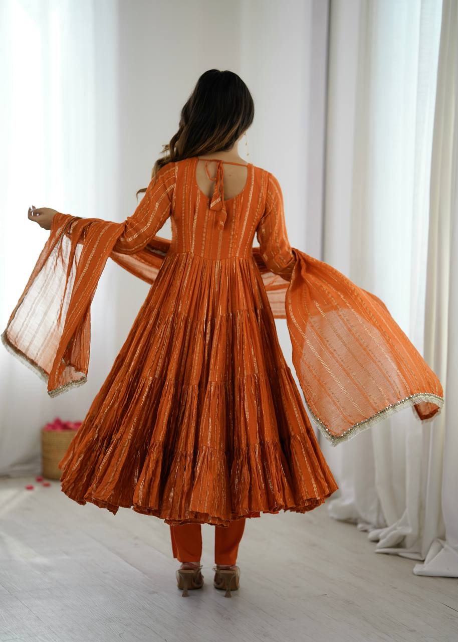 Orange Mal Chanderi Ruffle Gown with Mirror Work