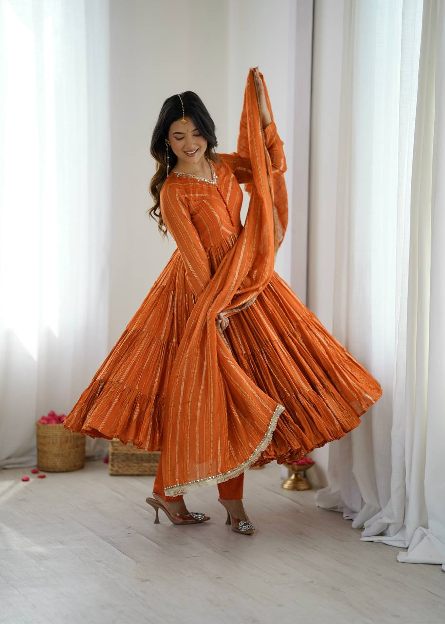 Orange Mal Chanderi Ruffle Gown with Mirror Work