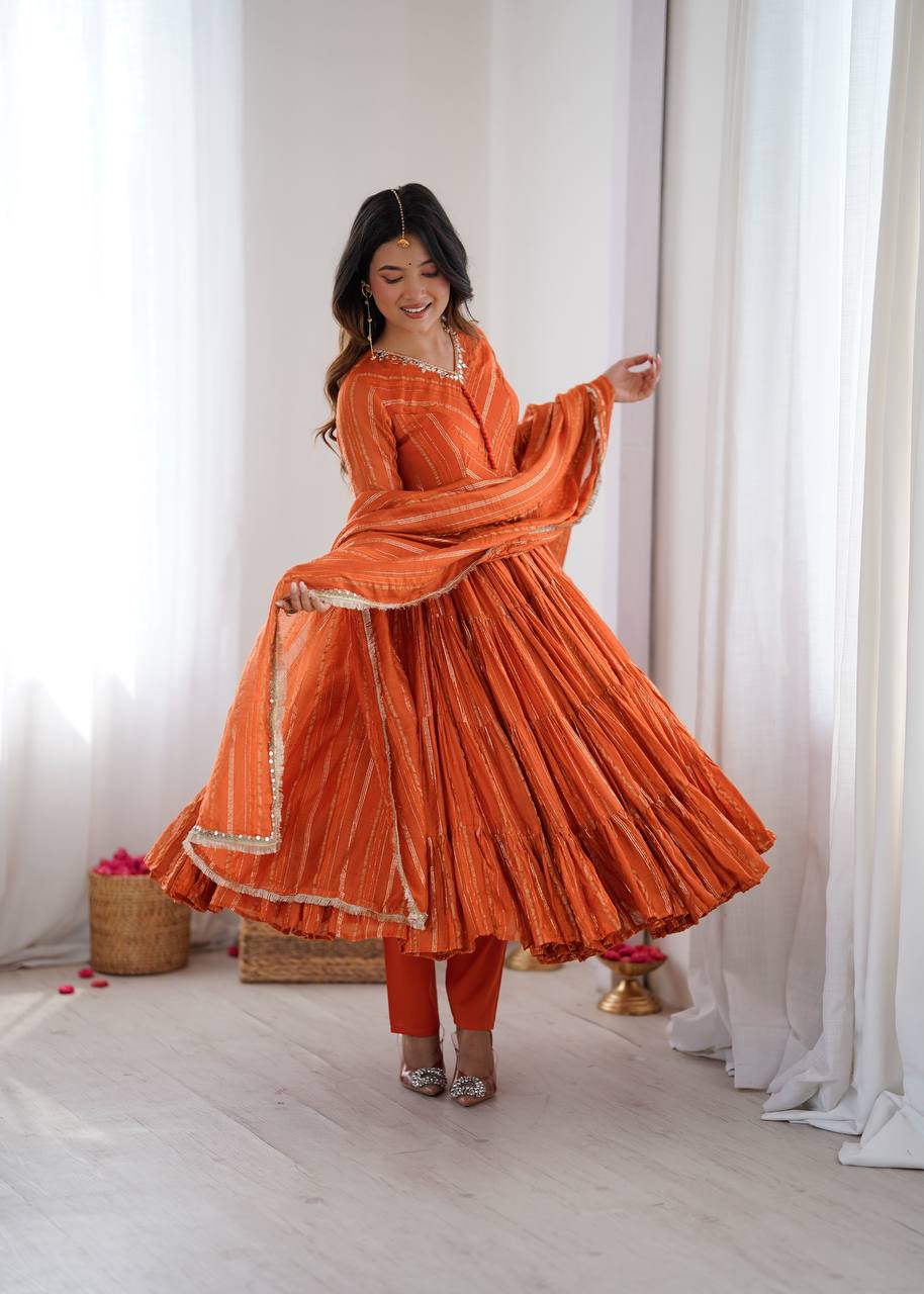 Orange Mal Chanderi Ruffle Gown with Mirror Work