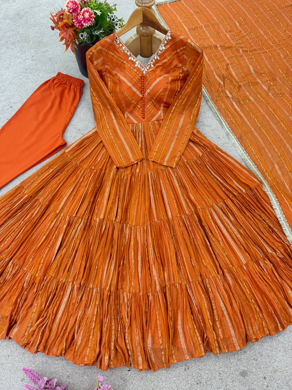 Orange Mal Chanderi Ruffle Gown with Mirror Work
