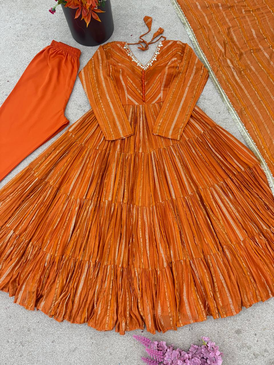 Orange Mal Chanderi Ruffle Gown with Mirror Work
