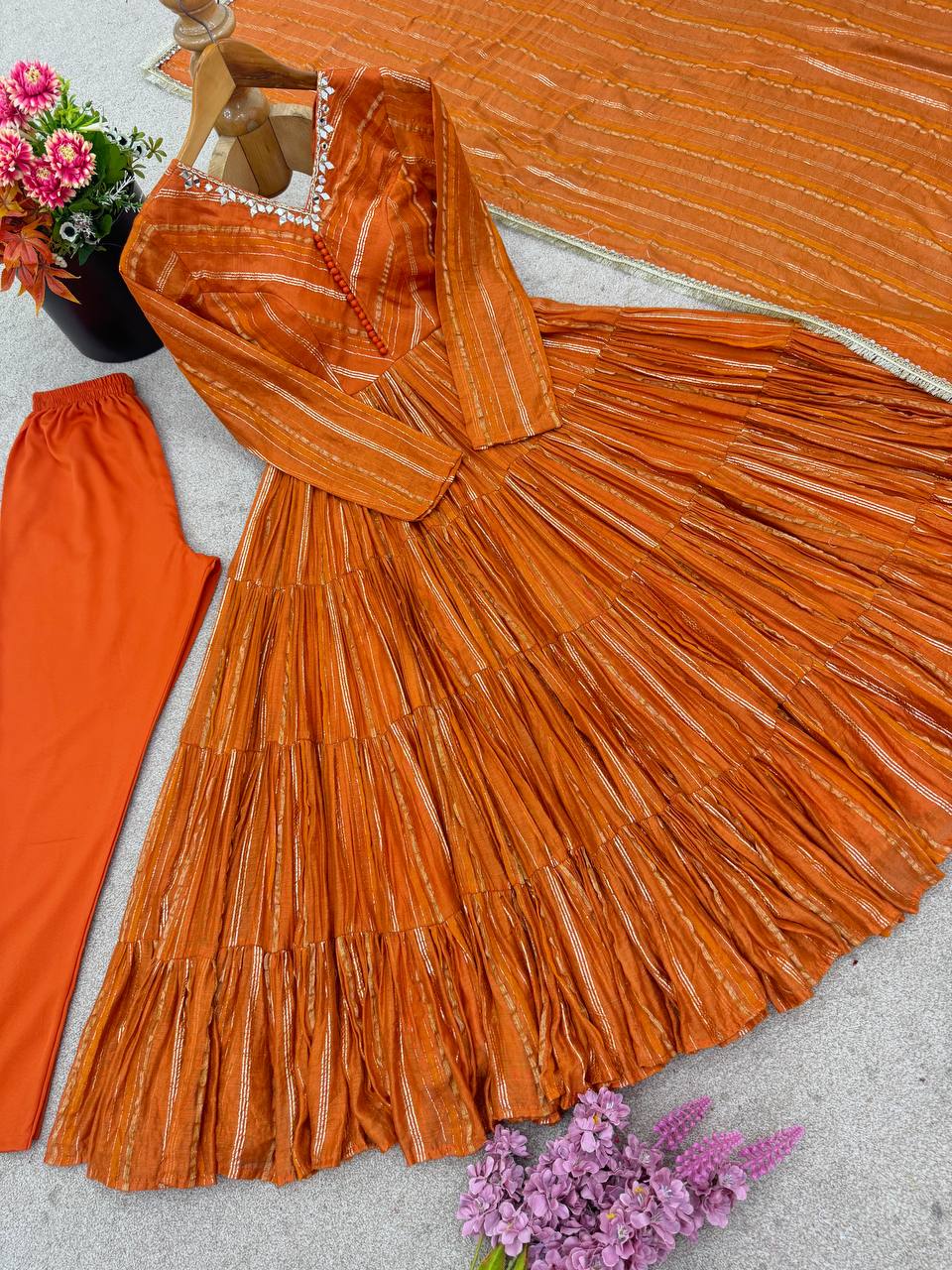 Orange Mal Chanderi Ruffle Gown with Mirror Work