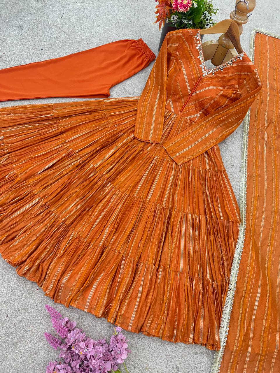 Orange Mal Chanderi Ruffle Gown with Mirror Work