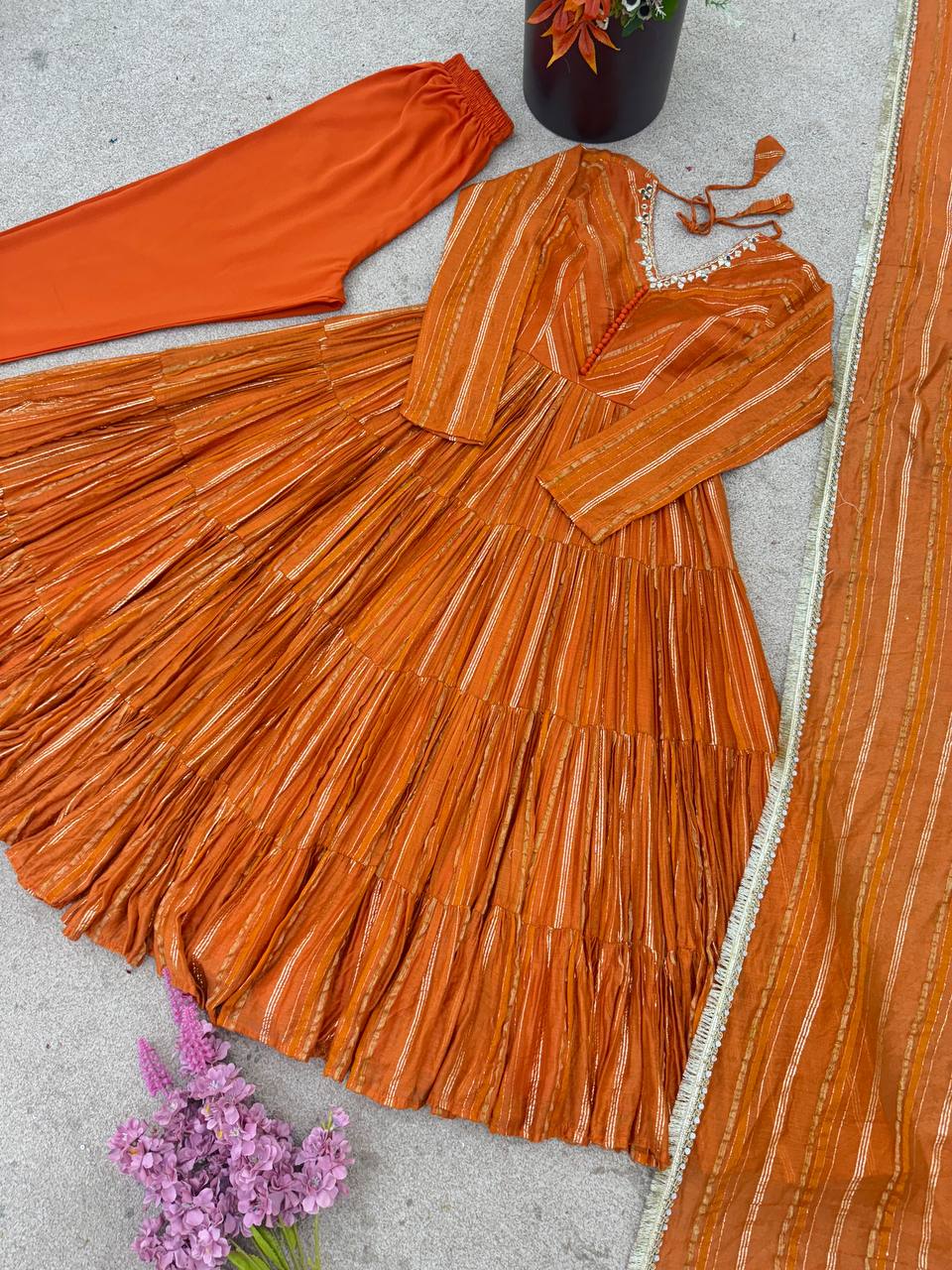 Orange Mal Chanderi Ruffle Gown with Mirror Work
