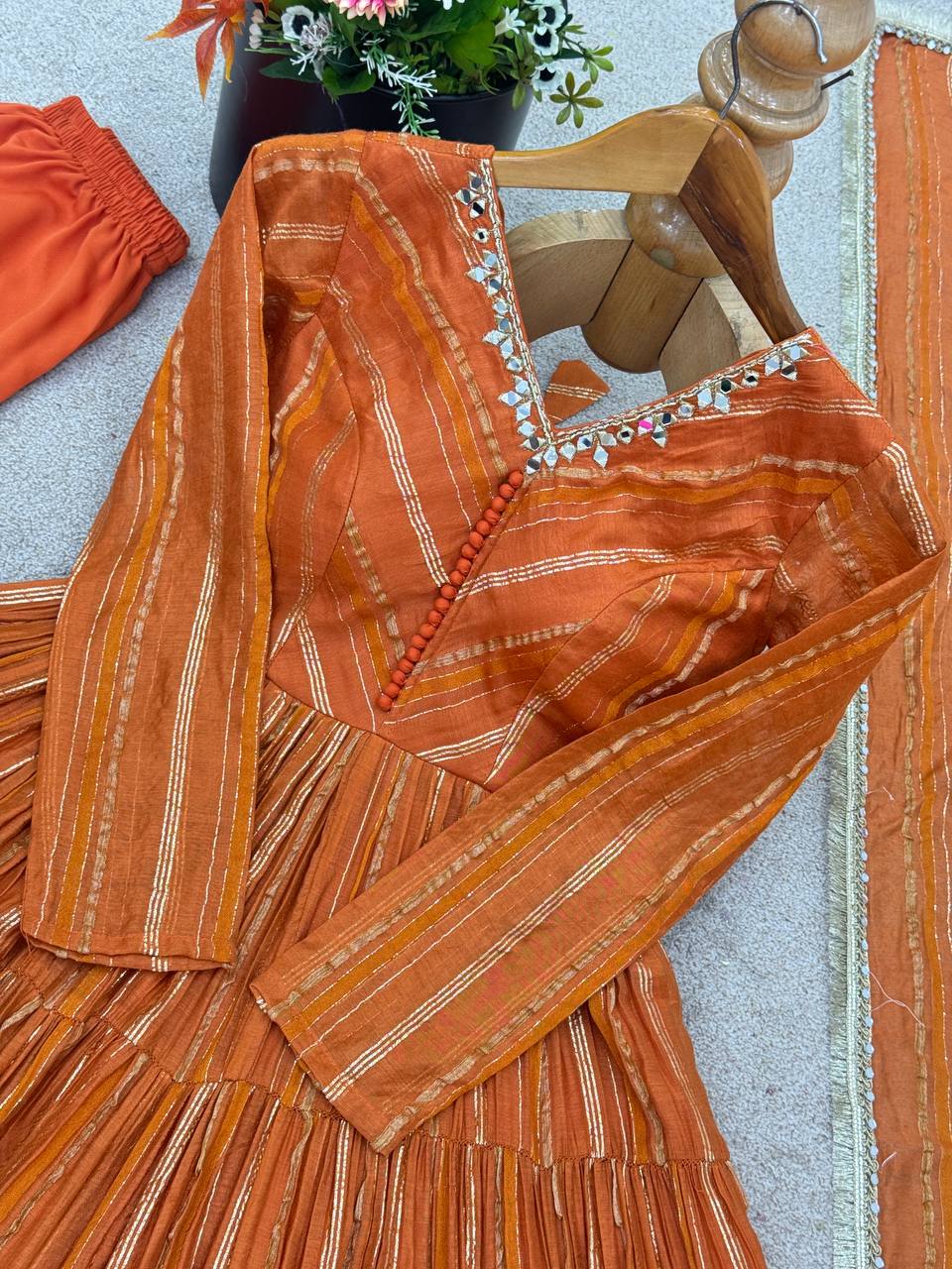 Orange Mal Chanderi Ruffle Gown with Mirror Work