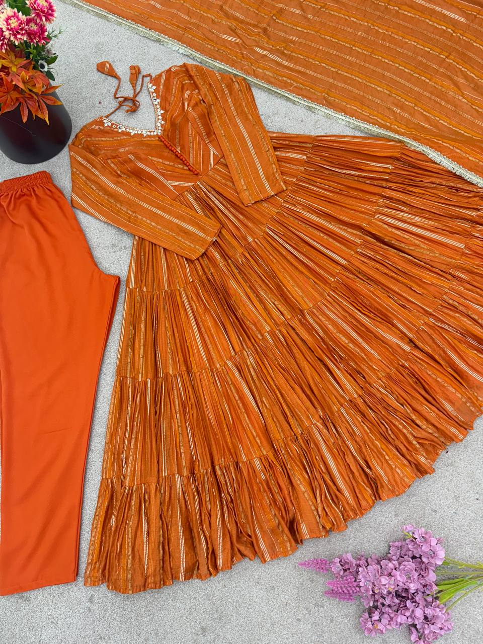Orange Mal Chanderi Ruffle Gown with Mirror Work