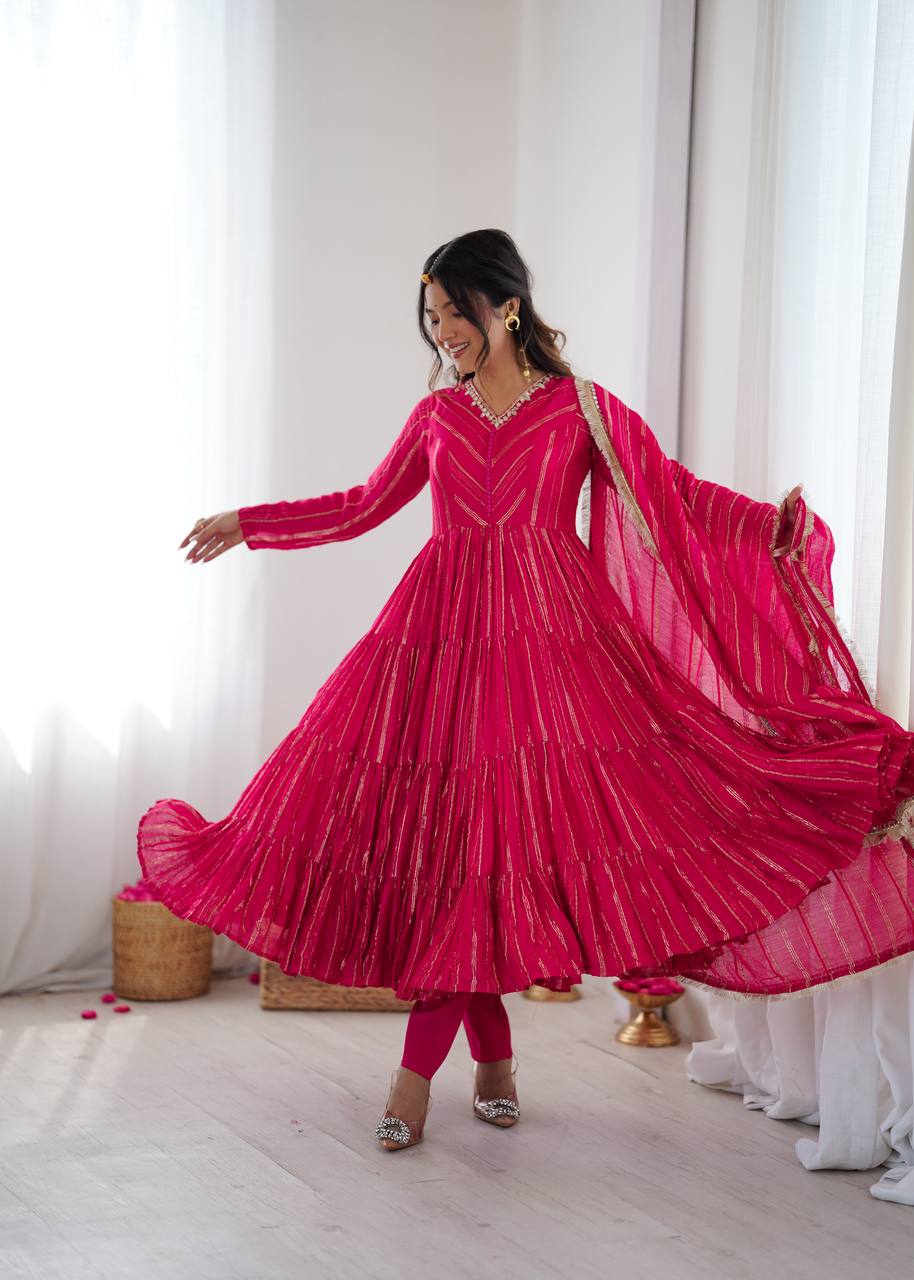Orange Mal Chanderi Ruffle Gown with Mirror Work