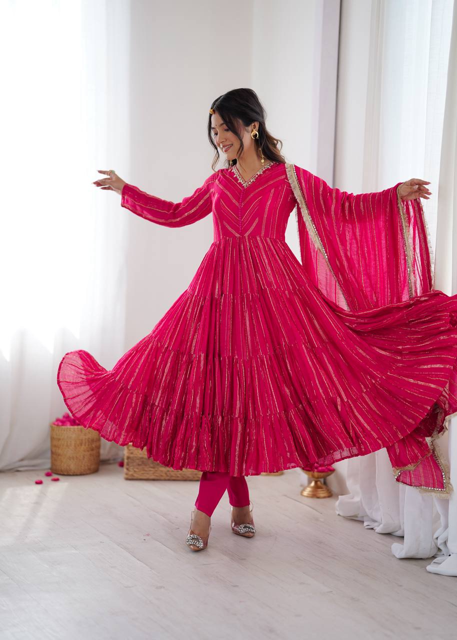 Orange Mal Chanderi Ruffle Gown with Mirror Work
