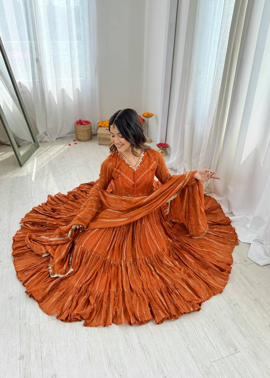 Orange Mal Chanderi Ruffle Gown with Mirror Work