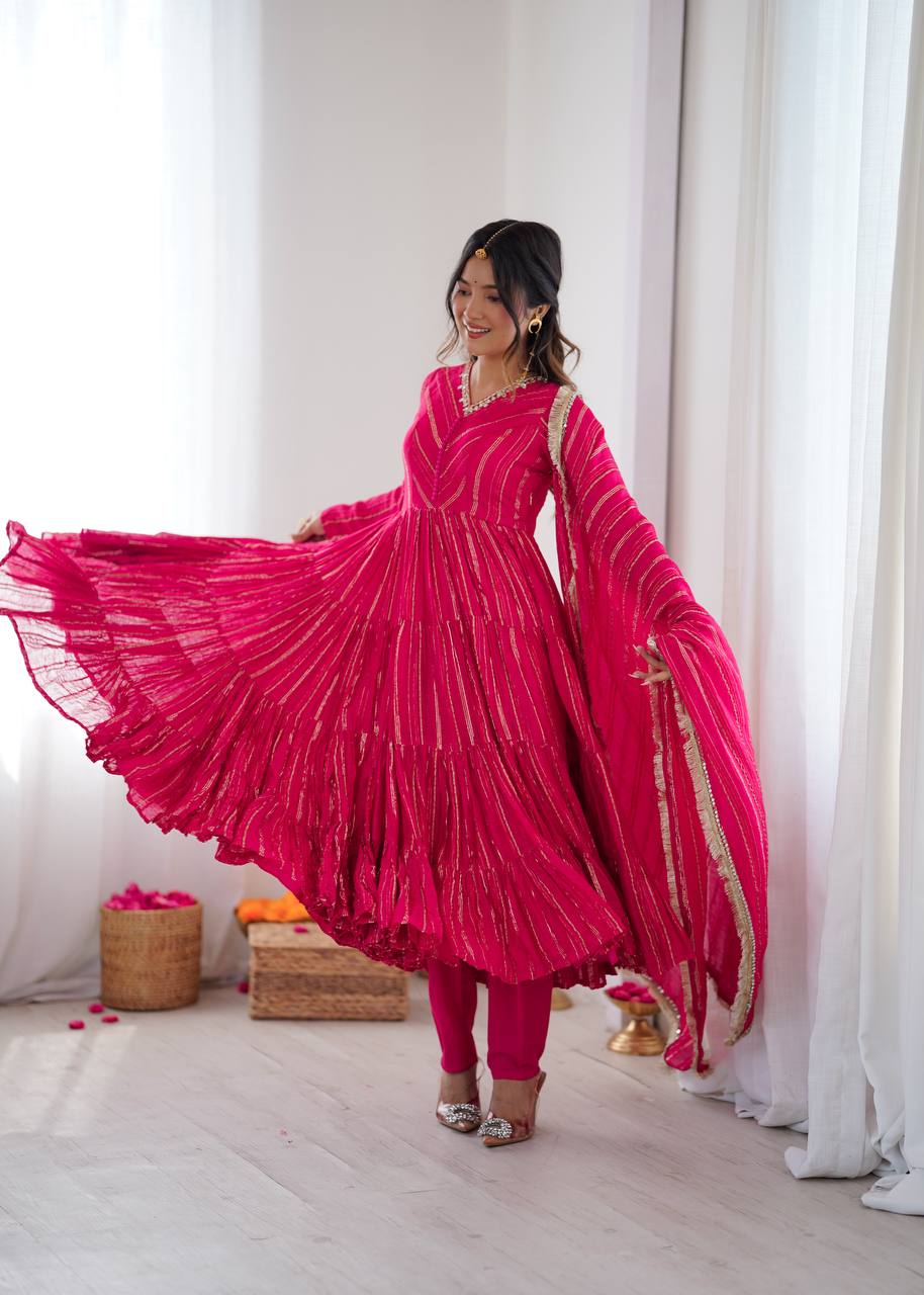 Orange Mal Chanderi Ruffle Gown with Mirror Work