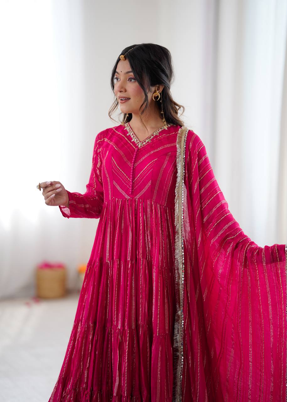 Orange Mal Chanderi Ruffle Gown with Mirror Work