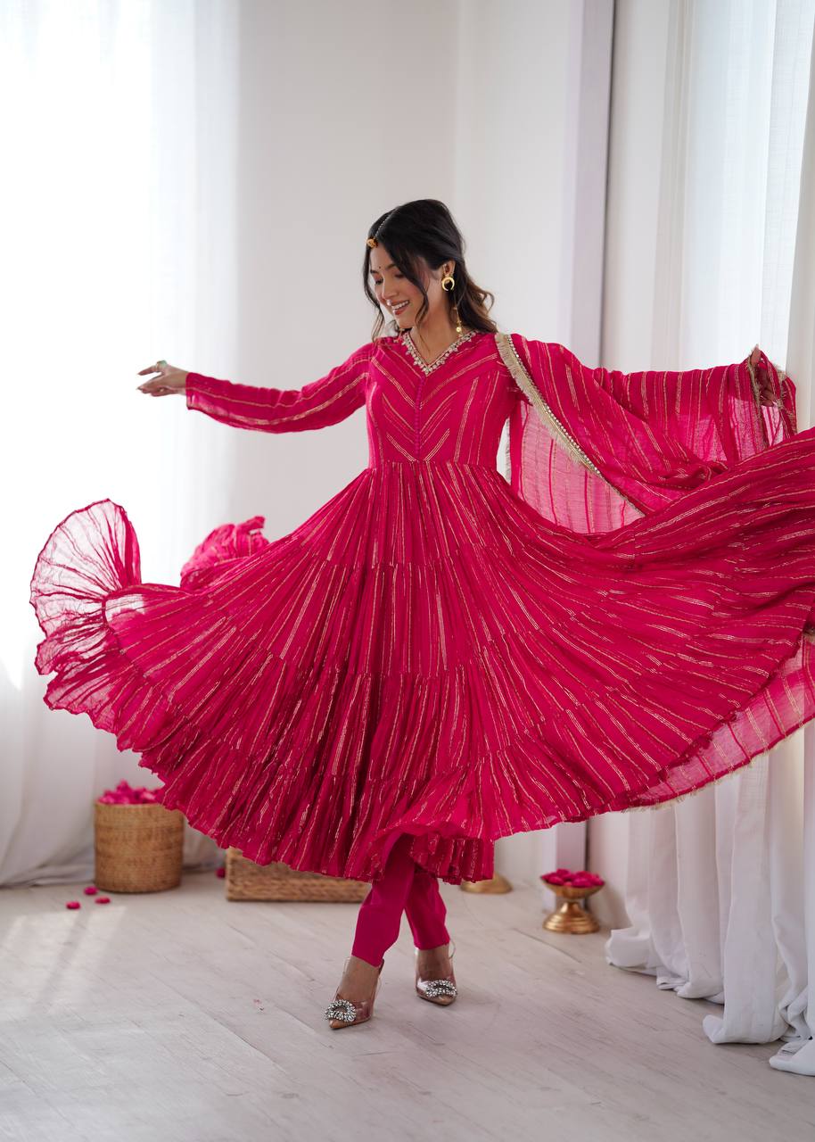 Orange Mal Chanderi Ruffle Gown with Mirror Work
