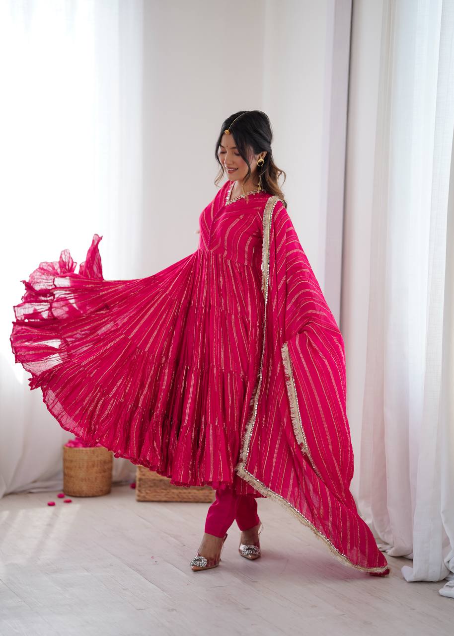 Orange Mal Chanderi Ruffle Gown with Mirror Work