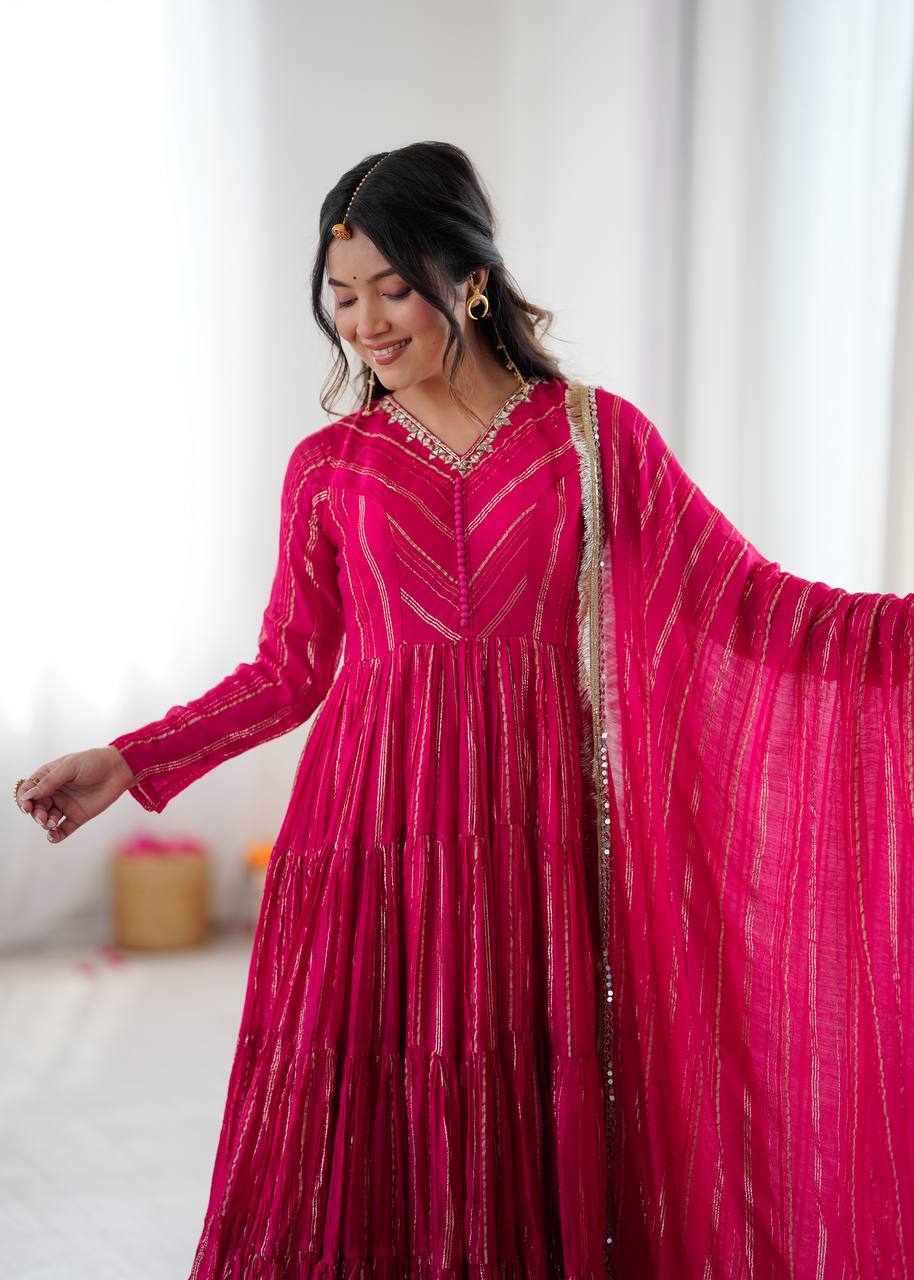Orange Mal Chanderi Ruffle Gown with Mirror Work