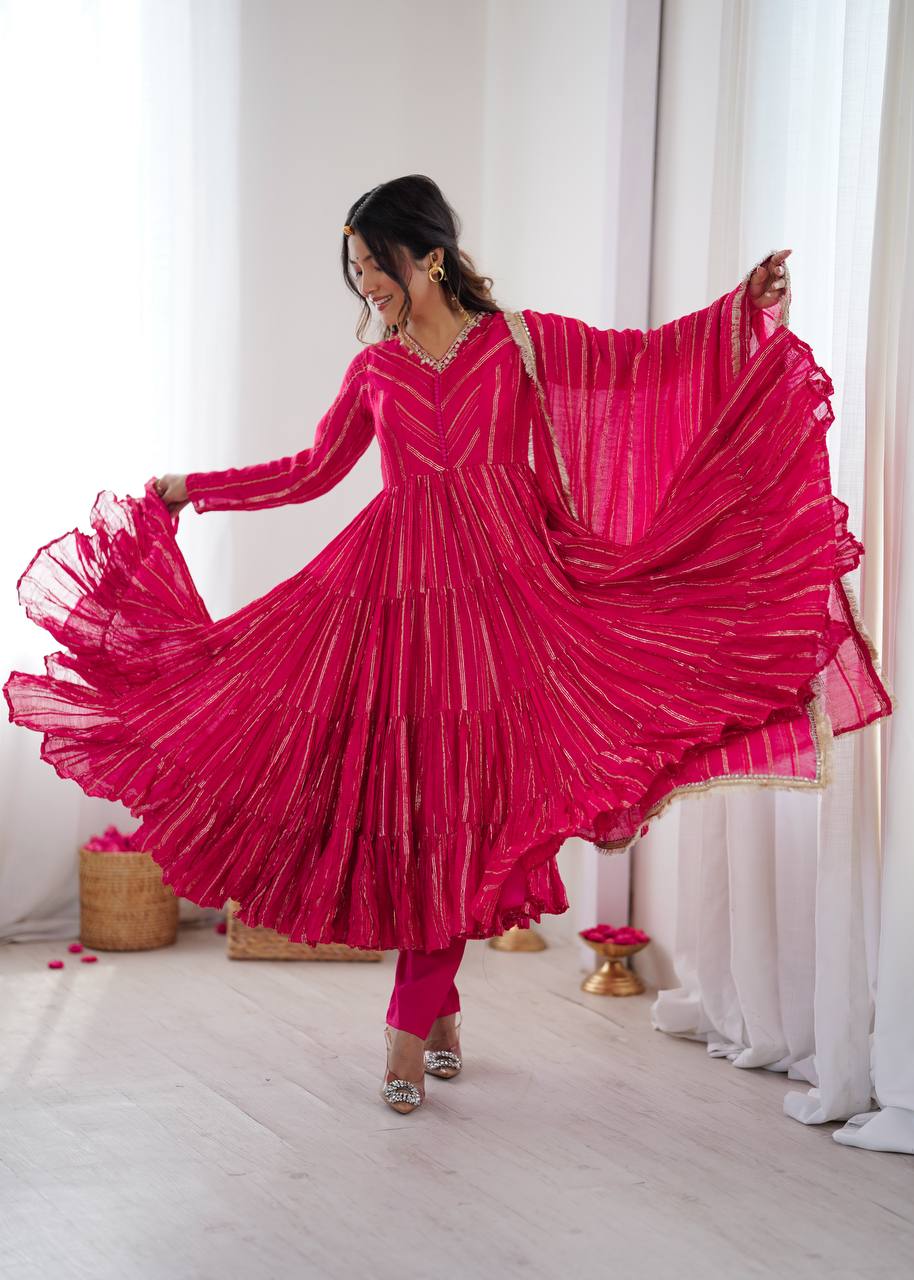 Orange Mal Chanderi Ruffle Gown with Mirror Work