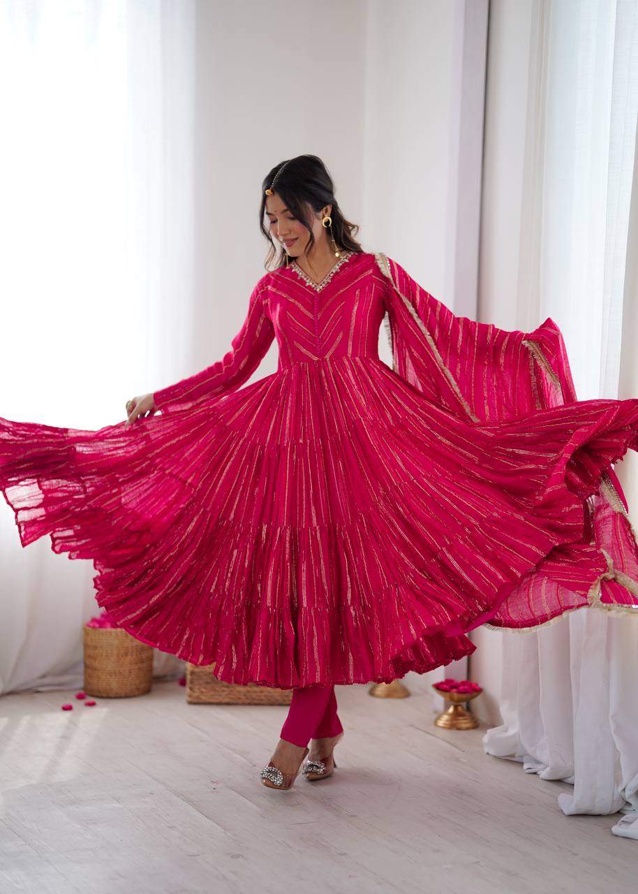 Orange Mal Chanderi Ruffle Gown with Mirror Work