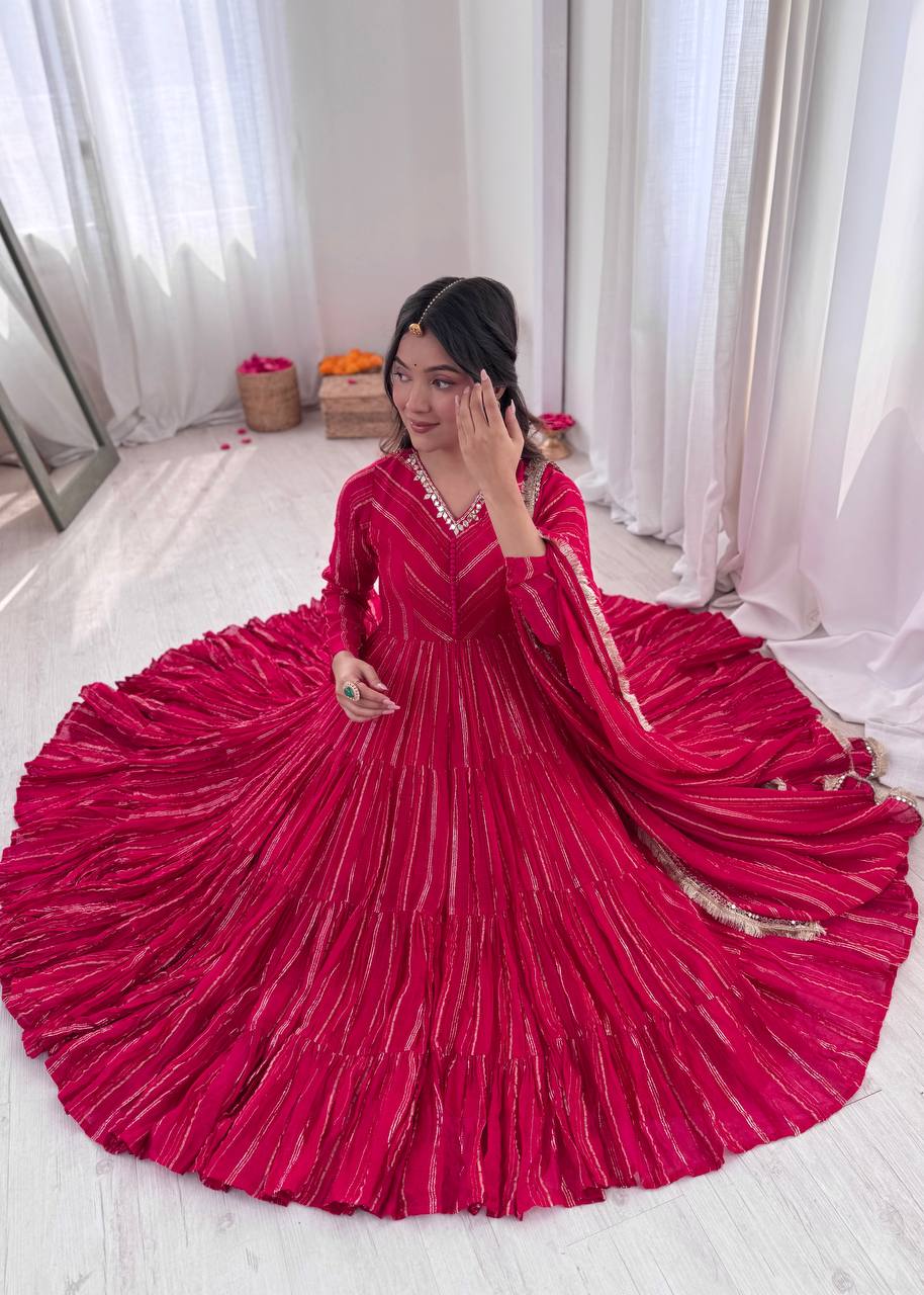 Orange Mal Chanderi Ruffle Gown with Mirror Work