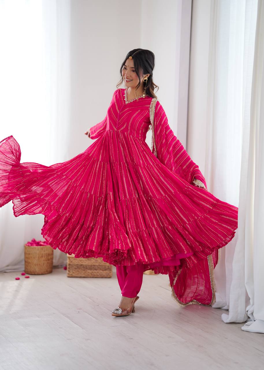 Orange Mal Chanderi Ruffle Gown with Mirror Work
