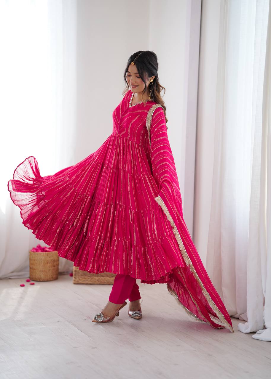 Orange Mal Chanderi Ruffle Gown with Mirror Work